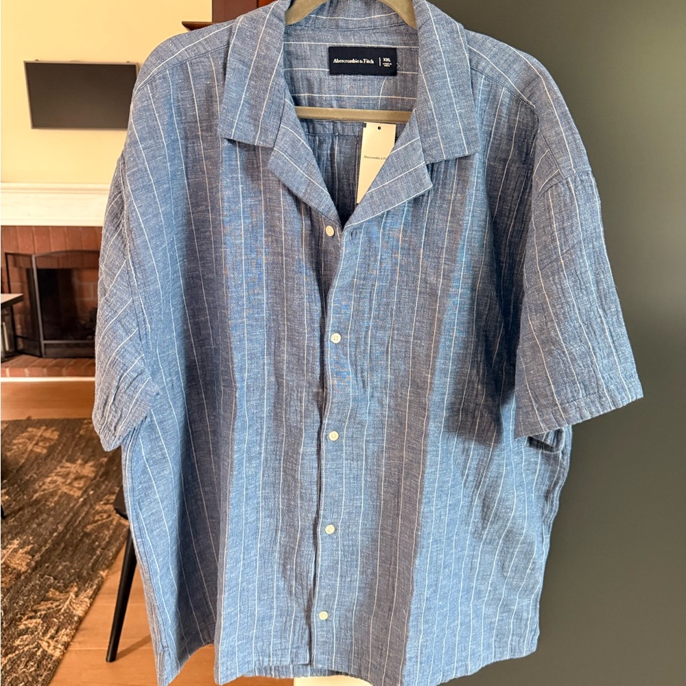 Abercrombie & Fitch Blue and White Striped Short-Sleeve Button Shirt